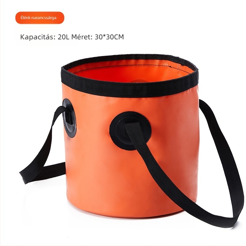 Összecsukható kültéri arc- és lábmosó vödör, ideális a horgászathoz és víztároláshoz; anyag: 600D PVC hálószövet; súly kb. 0,3 kg; piacra kerül 2024 tavaszán