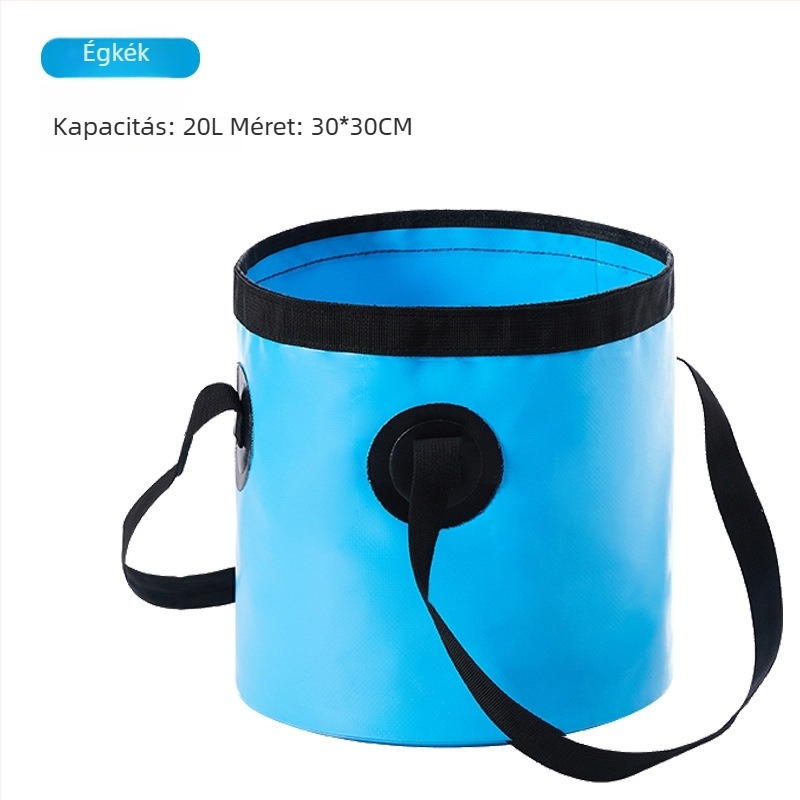 Összecsukható kültéri arc- és lábmosó vödör, ideális a horgászathoz és víztároláshoz; anyag: 600D PVC hálószövet; súly kb. 0,3 kg; piacra kerül 2024 tavaszán