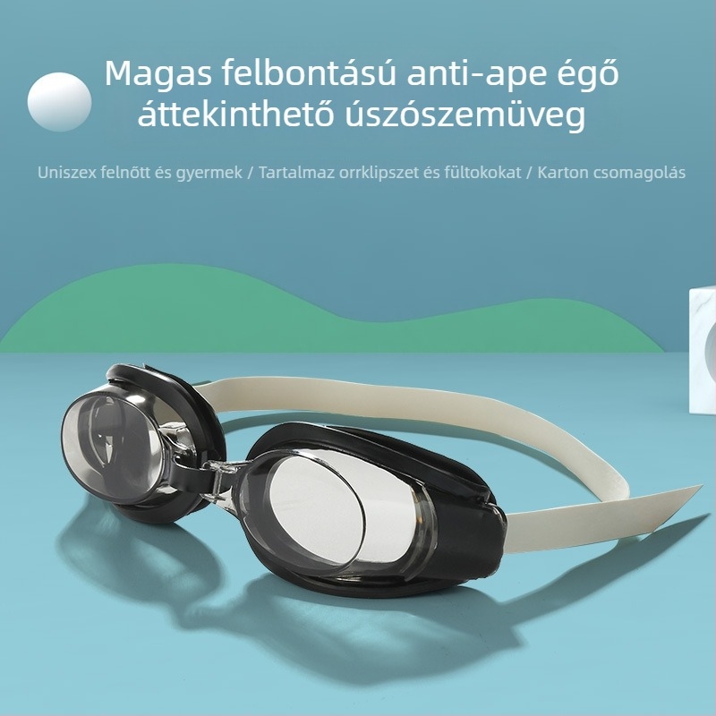 Párásodásmentes úszószemüveg PC lencsékkel, HD tisztaságú, vízálló, felnőtteknek, uniszex; ingyenes orrklipsz és fülcsipesz a csomagban