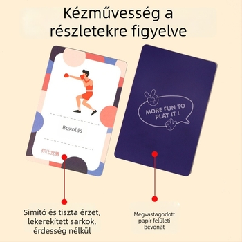 Családi összejövetelekre készült társasjáték-kártyák, interaktív kifejezésgyakorlás gyerekeknek 4–14 évesek, papír alapú kártyák, támogatja a vizuális és szellemi fejlődést, valamint a kéz-szem koordinációt.