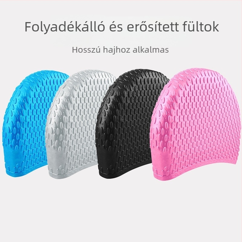 Felnőtt nőknek szóló szilikon úszósapka vízcsepp alakú, megnagyobbodott buborékos dizájn, ultra-elasztikus, vízálló fülvédő, hosszú haj védelme
