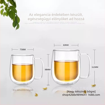 Kétoldalas bóroszilikát üvegből készült bögre fogantyúval, hőálló, kézzel égetett