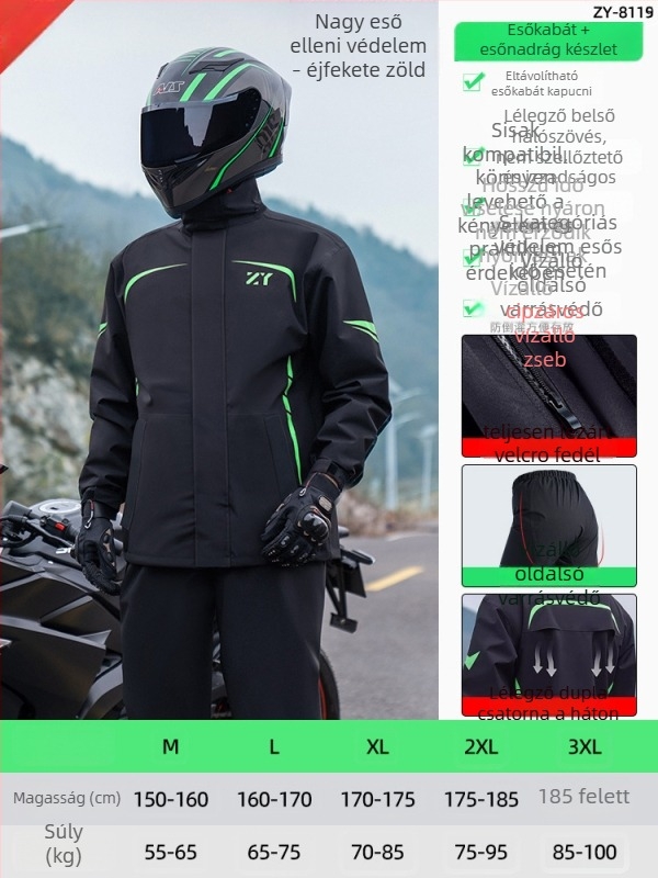 Különálló esőkabát készlet motorkerékpár/EBike használatra, fényvisszaverő dizájn, felnőtt teljes test esőnadrág, Chunya Spinning anyag, PVC bevonat, logónyomás elérhető