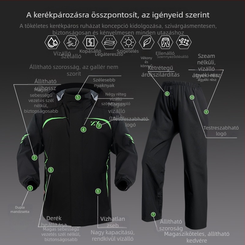 Különálló esőkabát készlet motorkerékpár/EBike használatra, fényvisszaverő dizájn, felnőtt teljes test esőnadrág, Chunya Spinning anyag, PVC bevonat, logónyomás elérhető