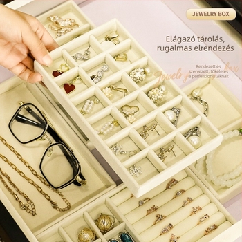 Ékszer tároló doboz rekeszekkel, flanel anyag, asztali elrendezés, 1 réteg, többfunkciós, porvédett, koreai stílus