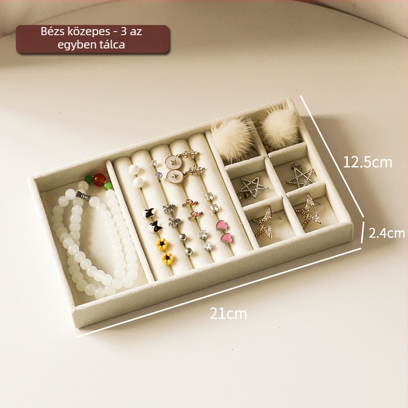 Ékszer tároló doboz rekeszekkel, flanel anyag, asztali elrendezés, 1 réteg, többfunkciós, porvédett, koreai stílus