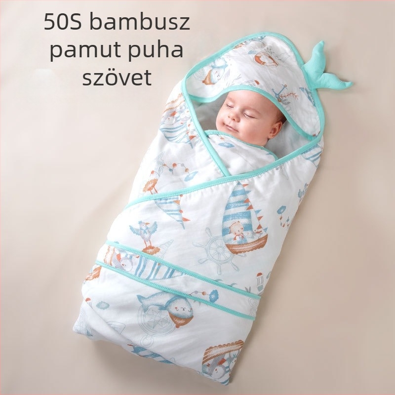 Ölelős bébi takaró bambuszrostból — minták: állatok, csíkok, kockás, rajzfilmfigura; alkalmas nyárra, tavaszra és őszre; csecsemőknek és kisgyerekeknek