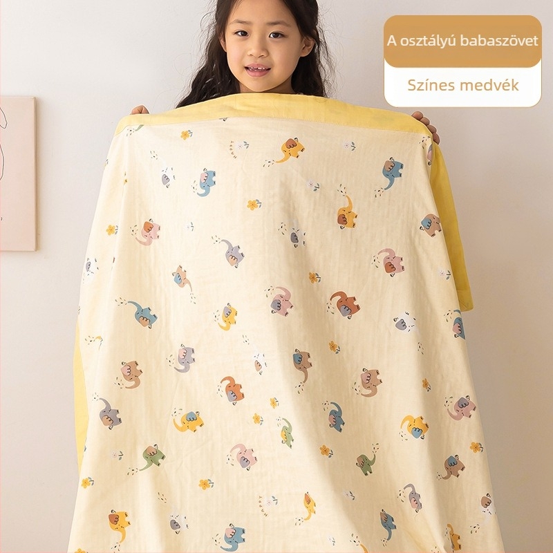 Pamut dupla géz törölközőtakaró nyárra, vékony pléd babáknak, karikatúra mintával, 0.55-1.0 kg