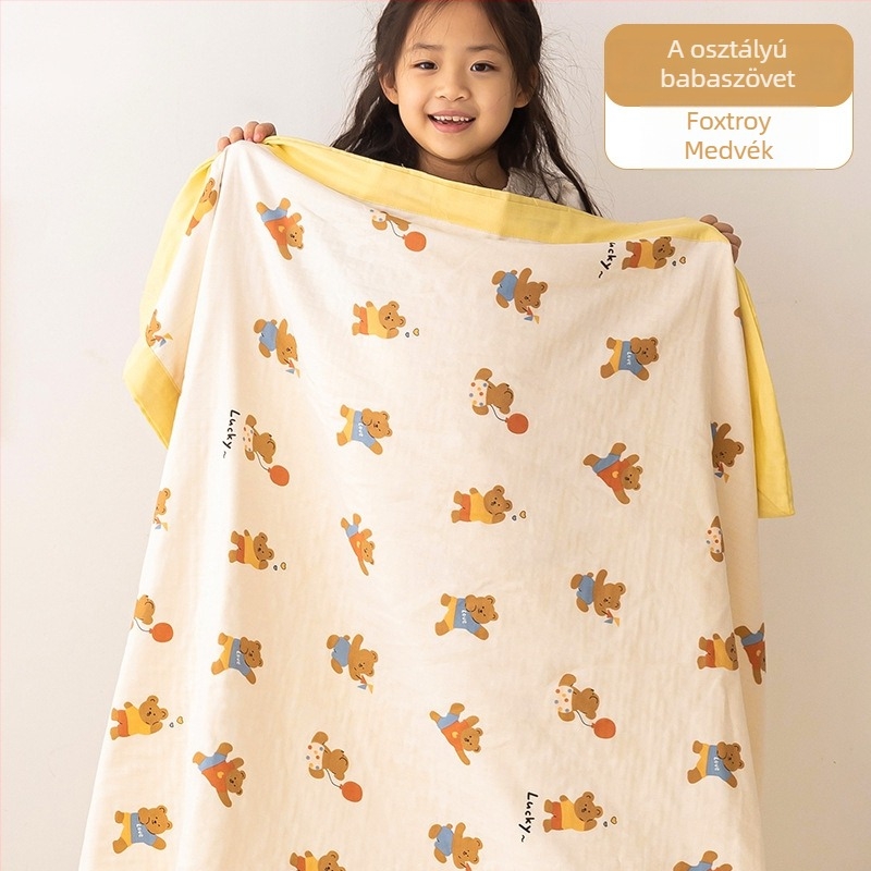 Pamut dupla géz törölközőtakaró nyárra, vékony pléd babáknak, karikatúra mintával, 0.55-1.0 kg
