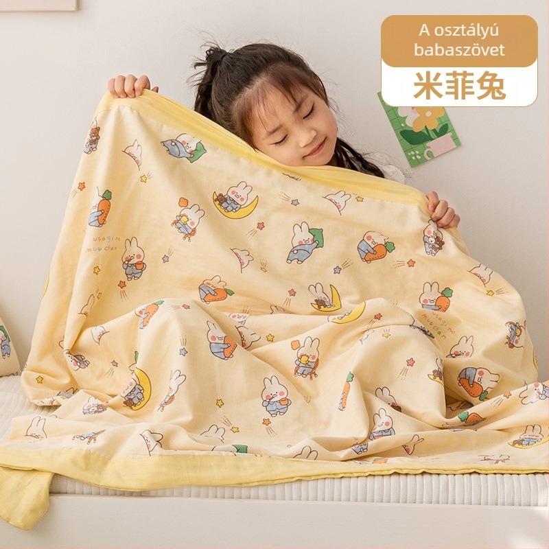 Pamut dupla géz törölközőtakaró nyárra, vékony pléd babáknak, karikatúra mintával, 0.55-1.0 kg