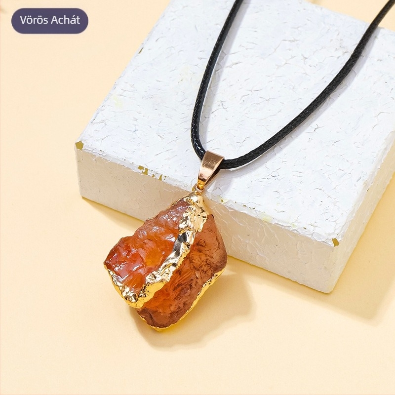 Aranyozott felületű természetes kristály nyers kő medálos nyaklánc, szabálytalan alak, modern minimalist stílus, PP zacskóban csomagolva; ideális ajándék esküvőkre, születésnapokra, diplomaosztóra és utazásokra