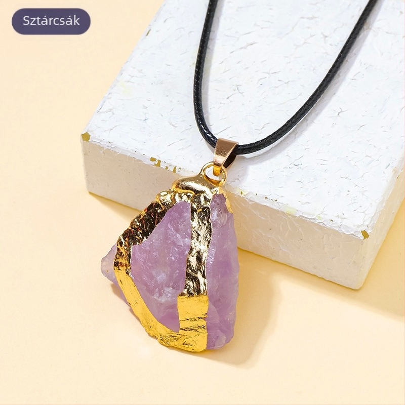 Aranyozott felületű természetes kristály nyers kő medálos nyaklánc, szabálytalan alak, modern minimalist stílus, PP zacskóban csomagolva; ideális ajándék esküvőkre, születésnapokra, diplomaosztóra és utazásokra