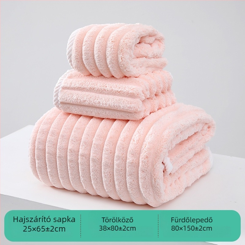 Korall fleeces törölköző készlet: törölköző, hajszárító sapka és zuhany sapka; 21s fonat, 150D, sima szövés; súly 485 g