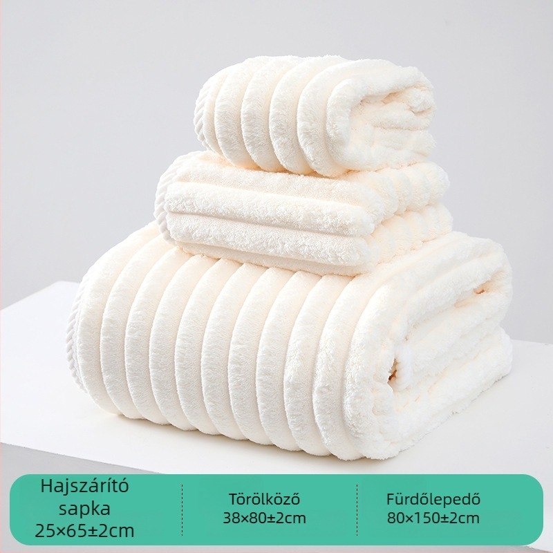 Korall fleeces törölköző készlet: törölköző, hajszárító sapka és zuhany sapka; 21s fonat, 150D, sima szövés; súly 485 g