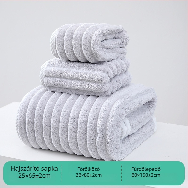 Korall fleeces törölköző készlet: törölköző, hajszárító sapka és zuhany sapka; 21s fonat, 150D, sima szövés; súly 485 g