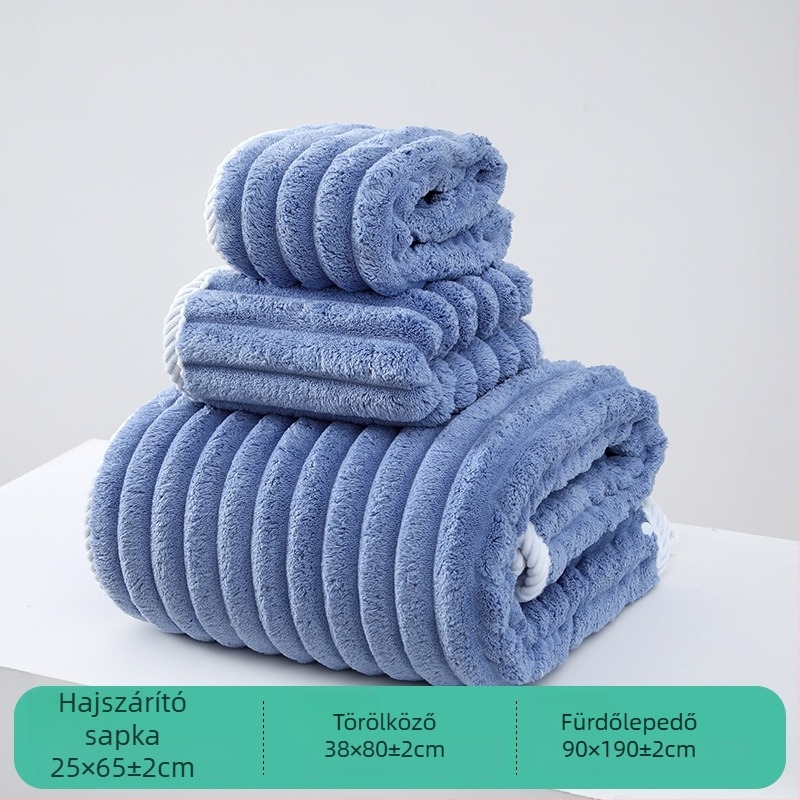 Korall fleeces törölköző készlet: törölköző, hajszárító sapka és zuhany sapka; 21s fonat, 150D, sima szövés; súly 485 g