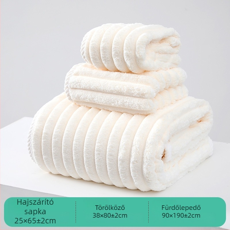 Korall fleeces törölköző készlet: törölköző, hajszárító sapka és zuhany sapka; 21s fonat, 150D, sima szövés; súly 485 g
