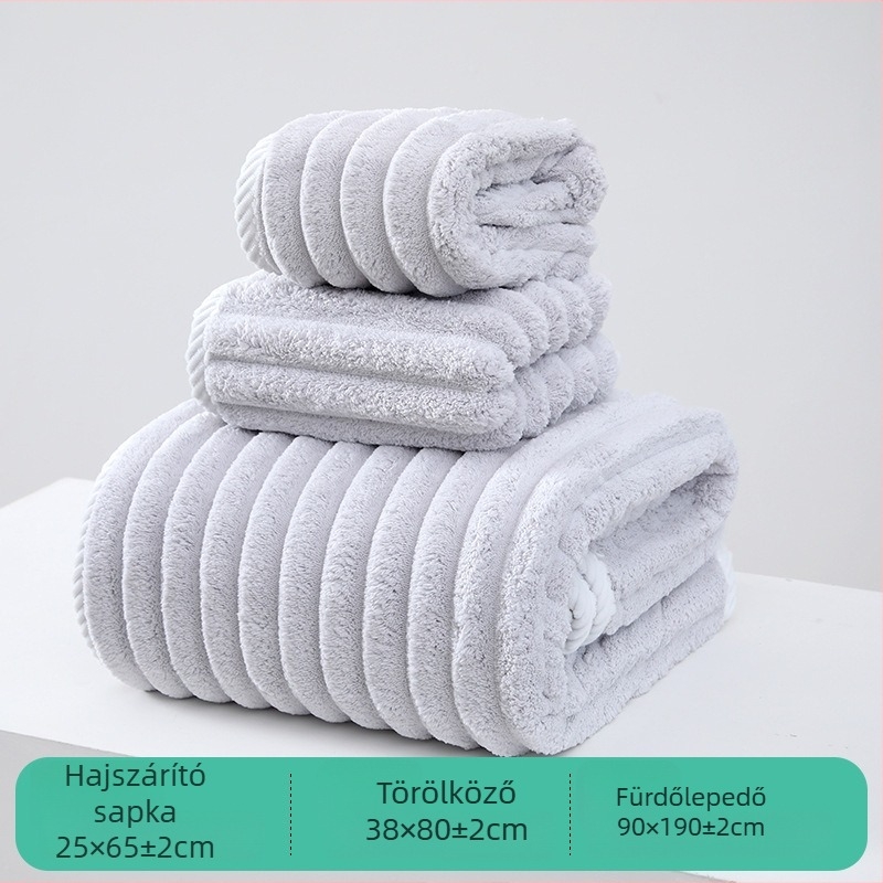 Korall fleeces törölköző készlet: törölköző, hajszárító sapka és zuhany sapka; 21s fonat, 150D, sima szövés; súly 485 g