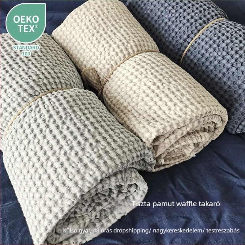 Pamut waffle pléd széles peremmel, nordic stílusú, egyszínű, súlya 300–499 g.