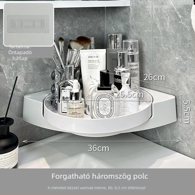Háromszög alakú falra szerelhető kozmetikai rendező a fürdőszobába, fúrás nélkül