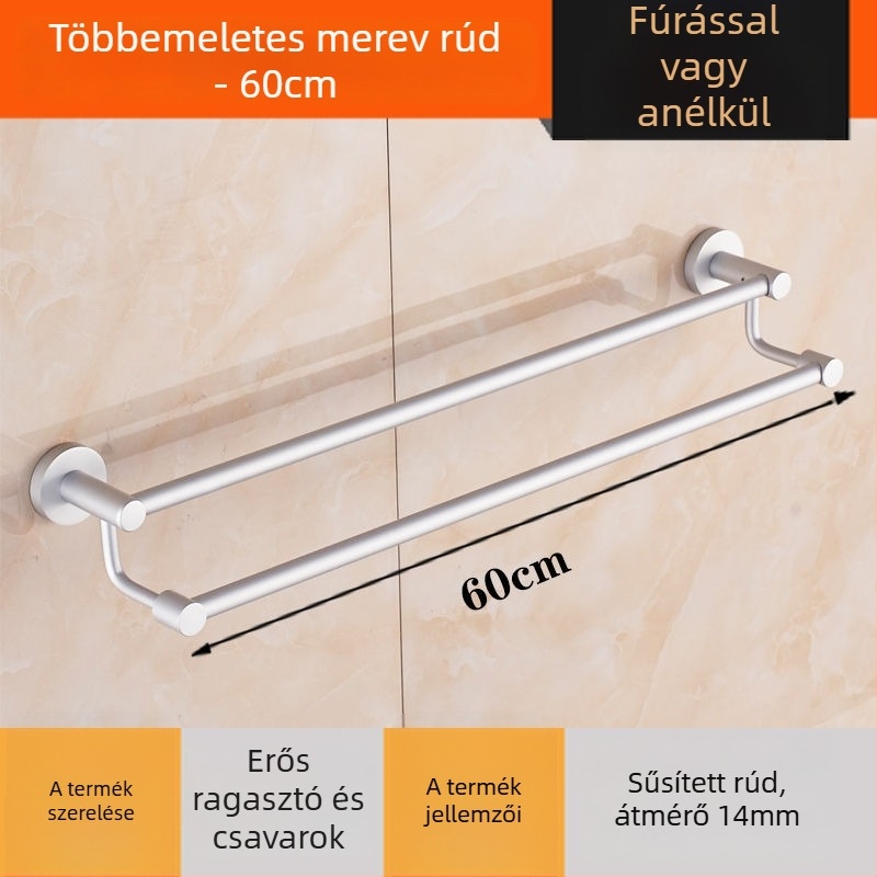 Fali törölközőtartó Space Aluminumból, egy- vagy kétpólusú, 1 réteg, 15 kg teherbírás, könnyű luxus stílus