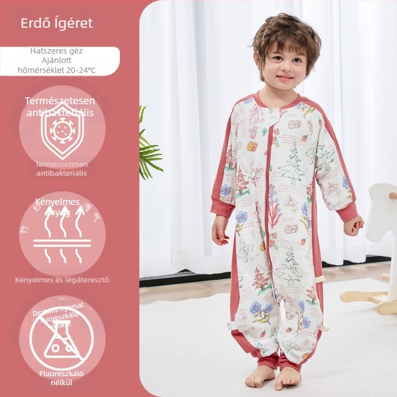 Bambuszrostból készült baba alvózsák, ketté választható lábakkal, belső pamut bélés, antibakteriális, mesefigurás mintázat, fém cipzár