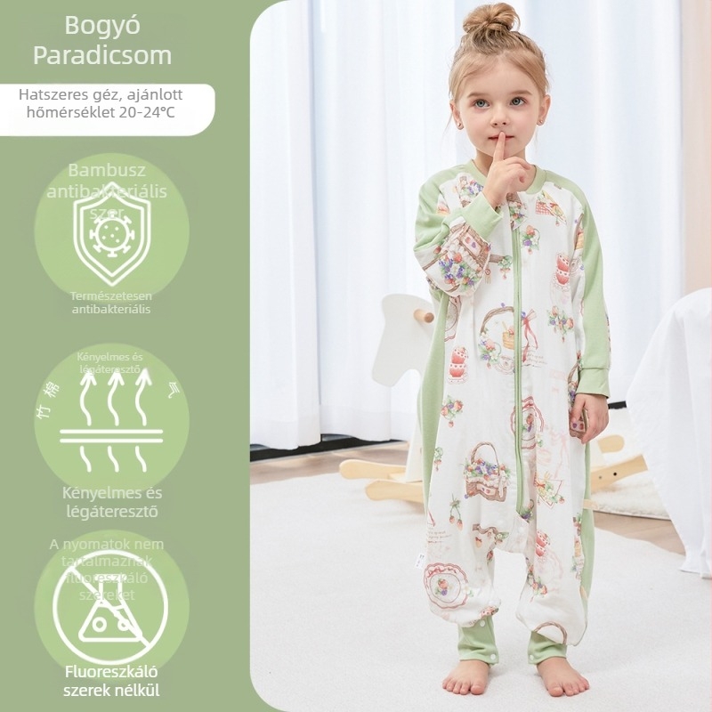 Bambuszrostból készült baba alvózsák, ketté választható lábakkal, belső pamut bélés, antibakteriális, mesefigurás mintázat, fém cipzár
