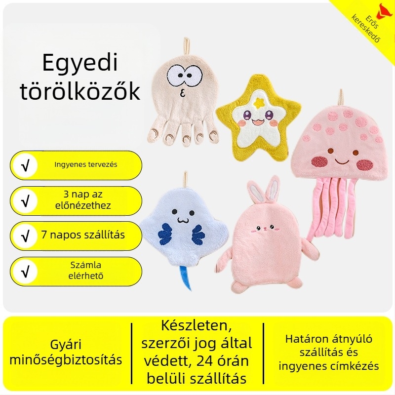 Személyre szabott kéztörlő 3D-s rajzfigurákkal, hímzett és nyomtatott, egyedi szegéllyel, nedvszívó korall-flízzel