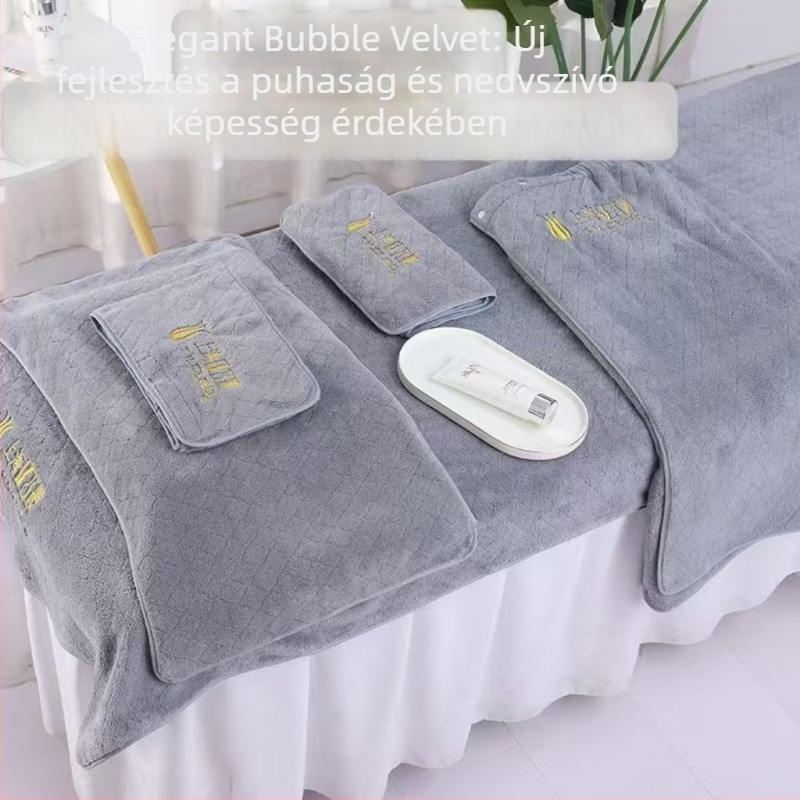Szépségszalon ágytakaró buborékos velúrból, fejkendő és nagy törölköző, logógravírozás és szegélyvarrás