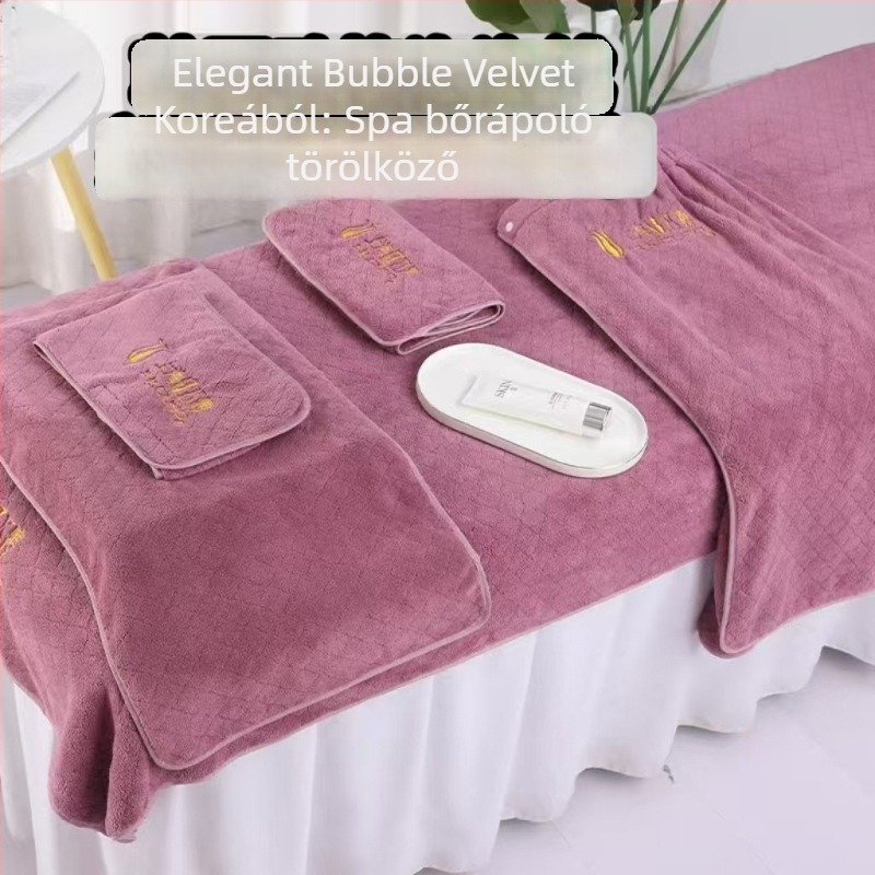Szépségszalon ágytakaró buborékos velúrból, fejkendő és nagy törölköző, logógravírozás és szegélyvarrás