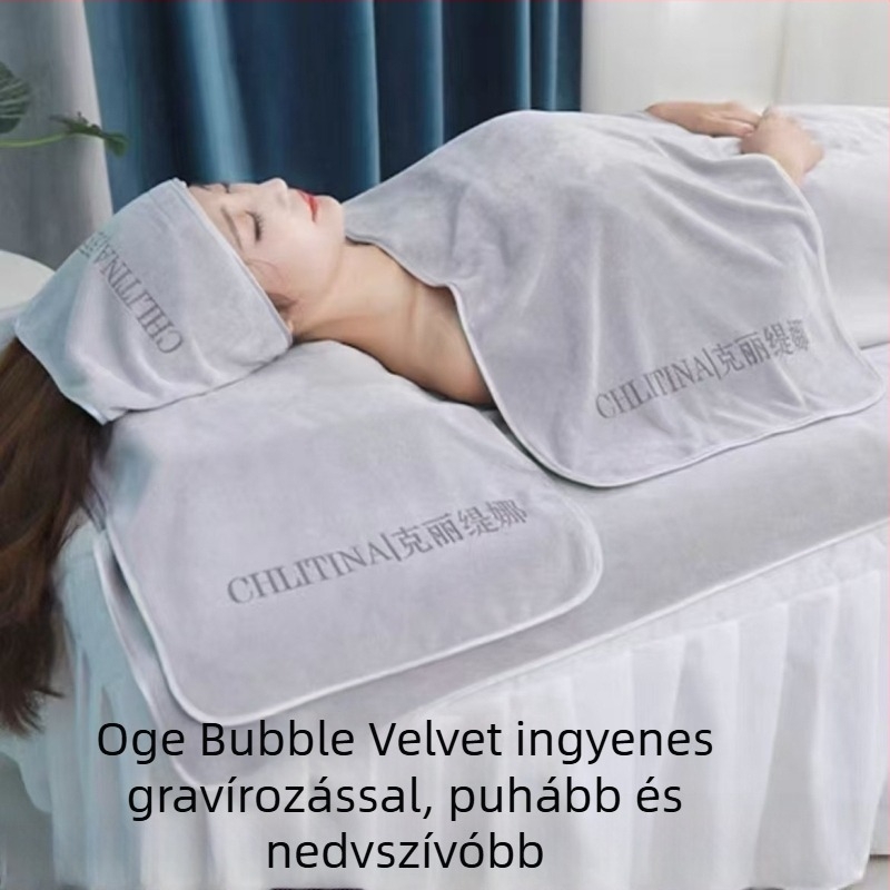 Szépségszalon ágytakaró buborékos velúrból, fejkendő és nagy törölköző, logógravírozás és szegélyvarrás