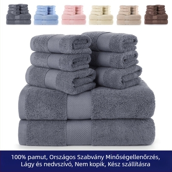 100% pamut törölköző és arctörölköző készlet, alacsony szálképződés, 32s szál, szegélyezett kivitel, tömeg 120–140 g, logóval testreszabható