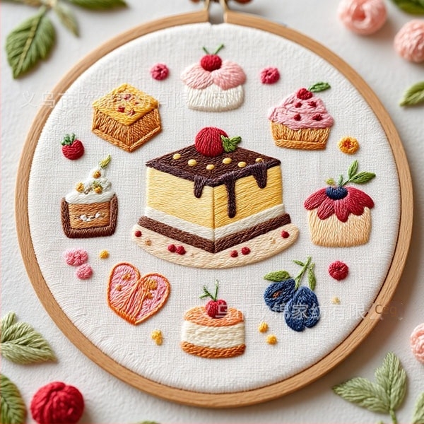 Nordic stílusú DIY hímző készlet pamut anyaggal — torta és desszert motívumok, rajzfilm minták