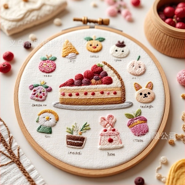 Nordic stílusú DIY hímző készlet pamut anyaggal — torta és desszert motívumok, rajzfilm minták