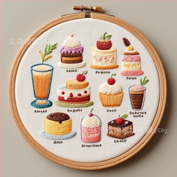 Nordic stílusú DIY hímző készlet pamut anyaggal — torta és desszert motívumok, rajzfilm minták