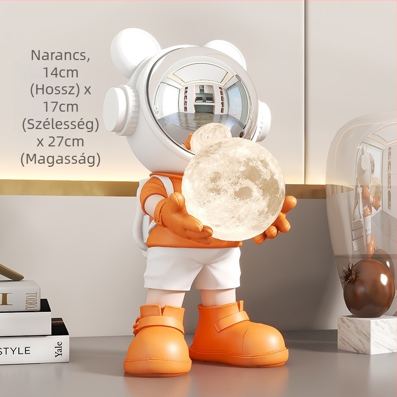 Űr-maci díszfigura holdfényes éjjeli fényével, gyanta, márka Berrenka, modern minimalist stílus, otthoni ajándék
