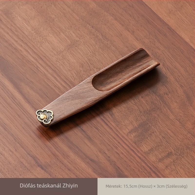 Diófából készült teáskanál levélkivágó eszközzel és mérő funkcióval, kínai stílusú, kiváló minőségű teafelszerelés