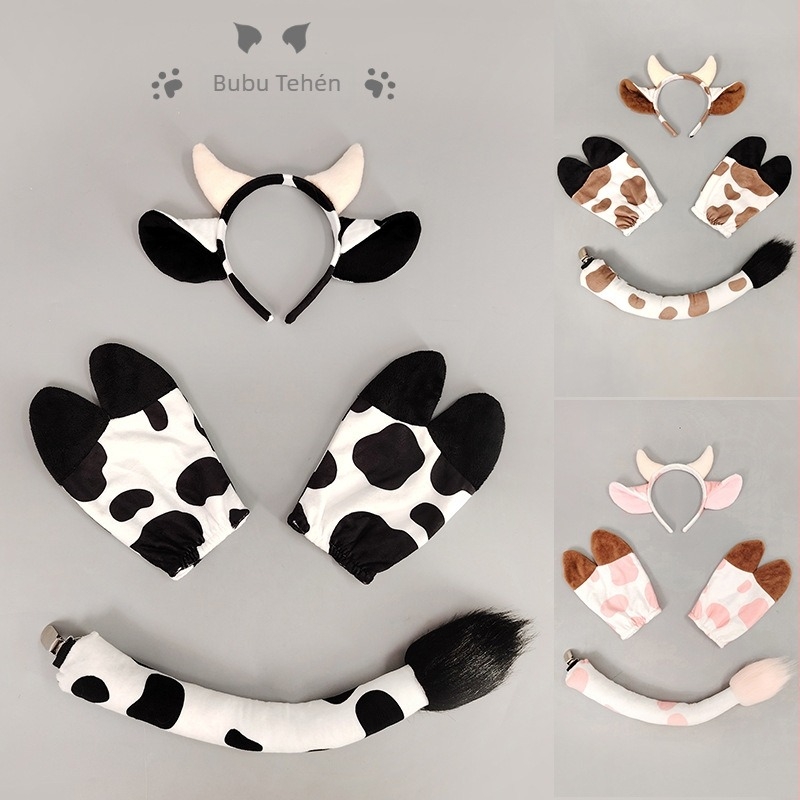 Halloween állatos fejpánt készlet: tehenfülek, mancok és farok – kézzel készített flanelből (2025 ősz)