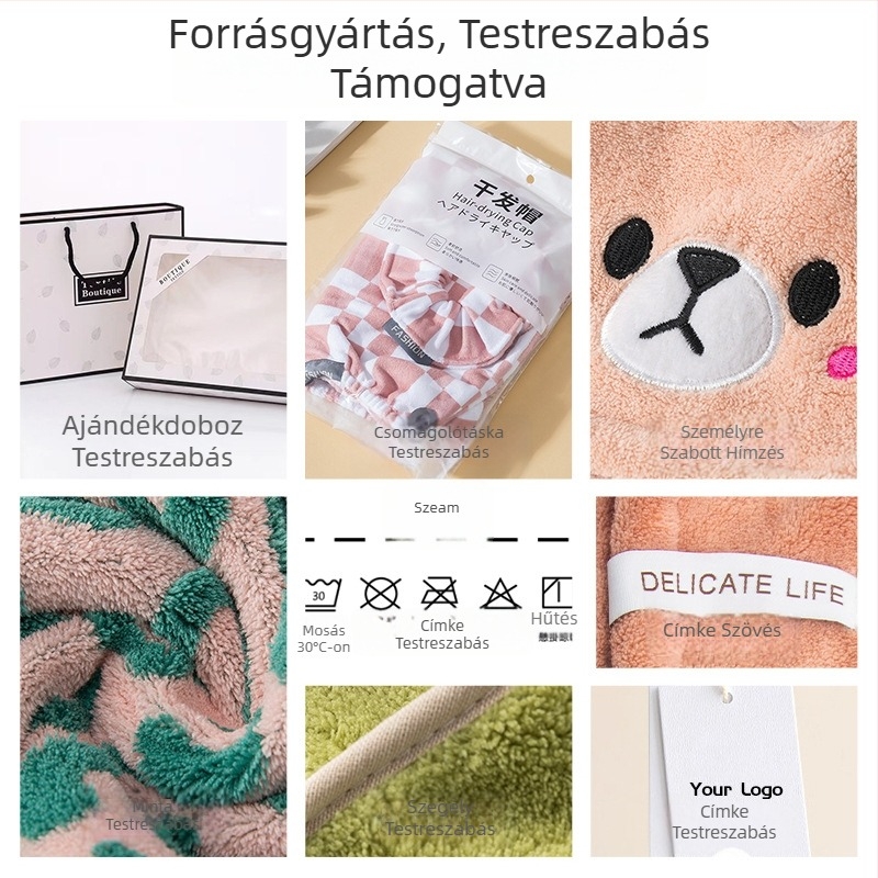 Hajszárító sapka korallgyapjúból, hímzett, 50-79 g, gyors száradás, magas nedvszívás