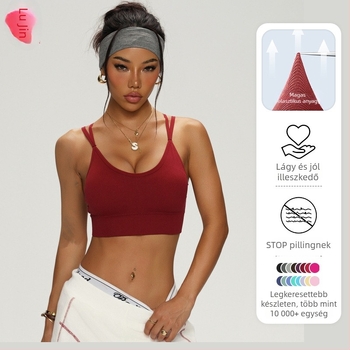 Sima jóga sportmelltartó – 3/4 kosár, rögzített dupla vállpántok, fő anyag 90% Nylon + 10% Spandex, bélés Spandex, tartalmaz melltartó párnákat