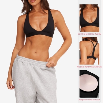 Jógás sportmelltartó gyors száradással és melltartó párnával — teljes kosár, középméretű kosár, rögzített dupla pántok, 75% nylon / 25% spandex