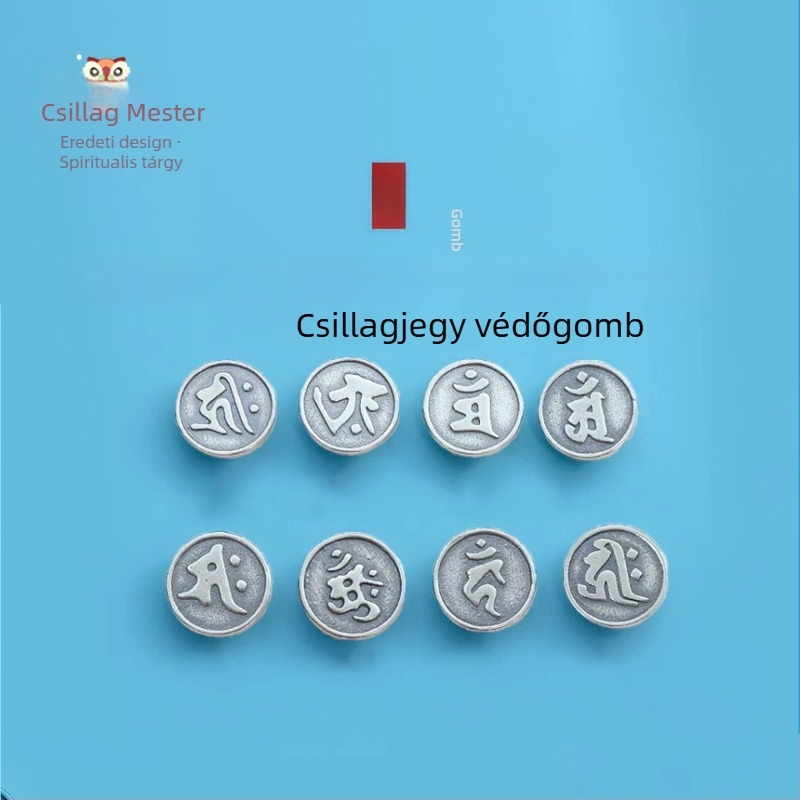 S925 Sterling ezüst gomb totém mintával, etnikus vintage stílus, zsinórzár
