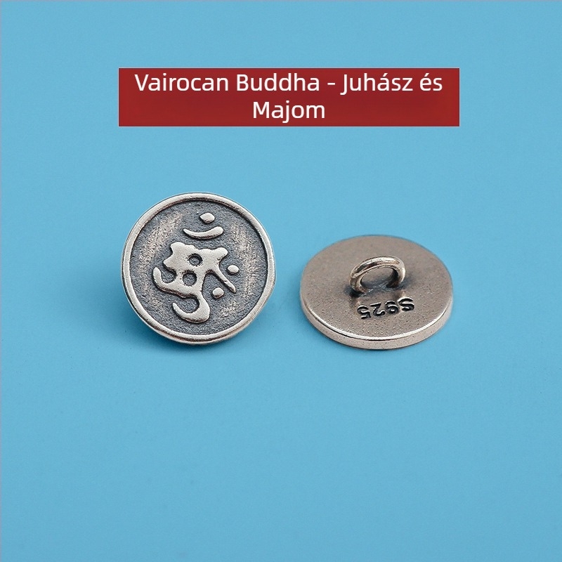 S925 Sterling ezüst gomb totém mintával, etnikus vintage stílus, zsinórzár