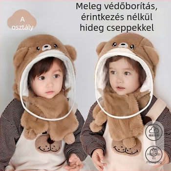 Téli gyerekkapucnis sapka egyben sállal, velúr béléssel, szélálló, 1–10 évesek