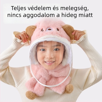 Téli gyerekkapucnis sapka egyben sállal, velúr béléssel, szélálló, 1–10 évesek