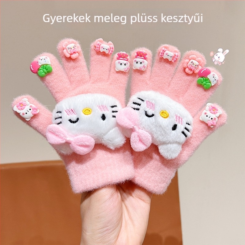 Gyerekeknek szóló ötujjas téli kesztyű, plüss, aranyos mintával, osztottujjak, uniszex, 3–8 évesek