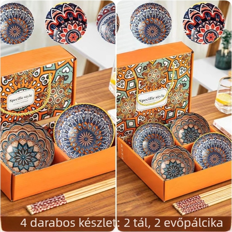 Kerámiából készült rizsbowl készlet evőpálcákkal és tányérral, ajándék, 350 ml, változatos minták, Új kínai stílusban