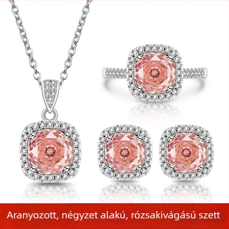 Luxus ékszerszett kocka alakú színes kövekkel és rózsavágású gyémántokkal – nyaklánc, gyűrű és fülbevaló