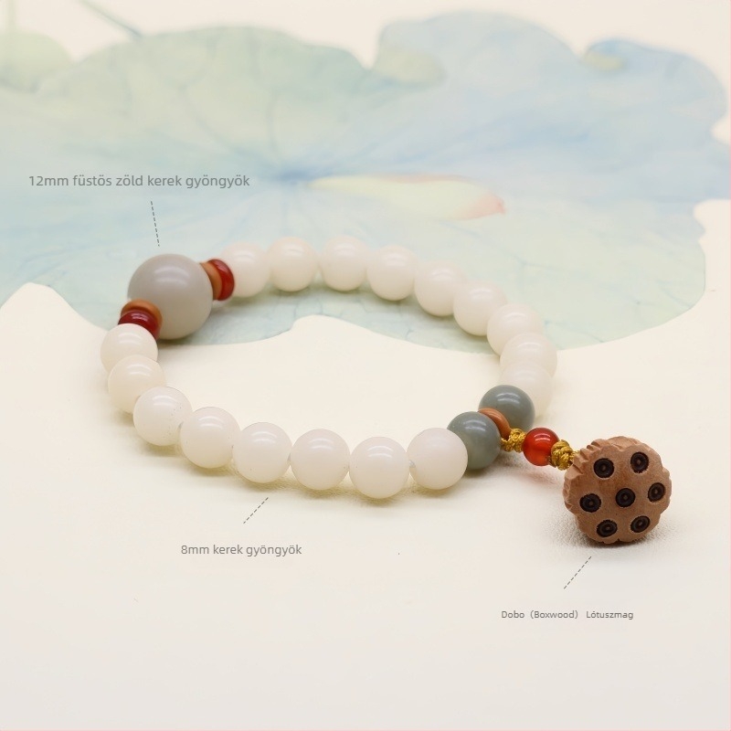 Természetes fehér jade Bodhi gyökerű karkötő buddhista gyöngyökkel, szantalfa lótuszmaggal és koromozott Bodhi gyöngyökkel