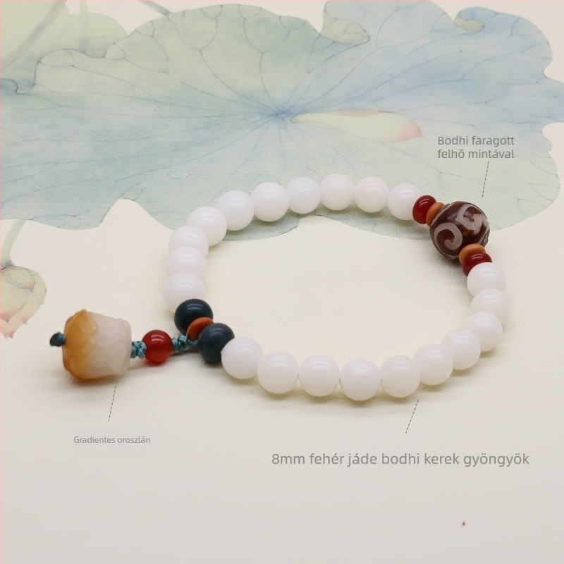 Természetes fehér jade Bodhi gyökerű karkötő buddhista gyöngyökkel, szantalfa lótuszmaggal és koromozott Bodhi gyöngyökkel